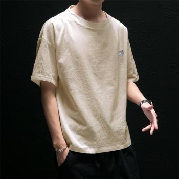 男潮t恤刺繡上衣大碼半袖亞麻
