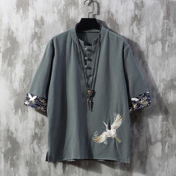 亞麻短袖t恤男刺繡夏季薄款寬松大碼唐裝衣服中國風男裝棉麻體恤