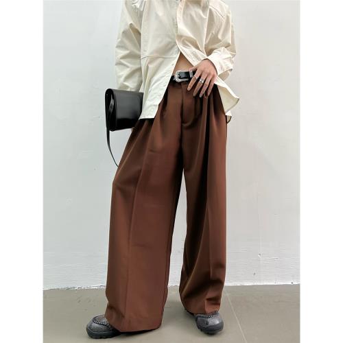 yghome簡約風高腰垂感闊腿西褲男寬松直筒韓版休閑百搭復古長褲子