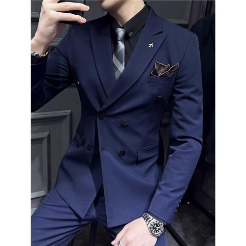 薄款雙排扣商務男士西服套裝職業正裝修身新郎結婚禮服上班小西裝