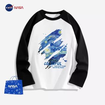 nasa官方旗艦潮牌梵高星空t恤長袖男女手繪油畫塗鴉撞色拼接上衣