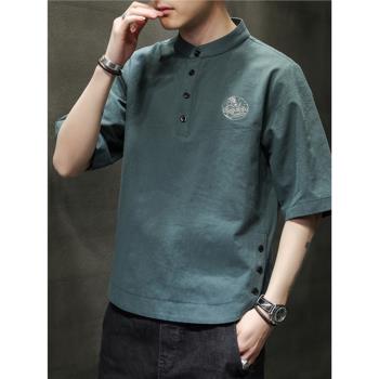 薄款大碼半袖中國風刺繡衣服亞麻