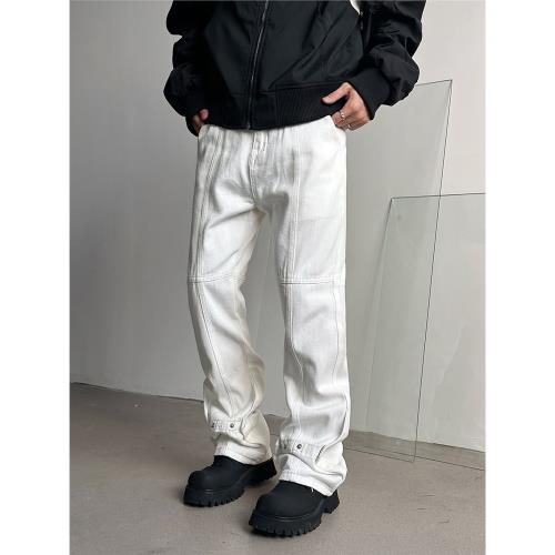 22LAB 美式高街排扣設計感白色牛仔褲潮流休閑百搭堆積感微喇褲子