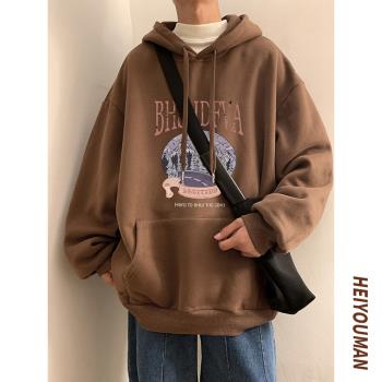 美式復古連帽衛衣男春秋季潮牌寬松oversize上衣休閑運動套頭外套