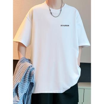 夏季短袖t恤男士寬松新款情侶潮牌男裝潮流五分短袖ins衣服白色
