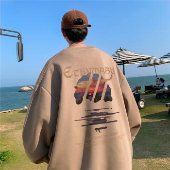 卡其色圓領衛衣男春秋季潮牌美式重磅寬松男生外套青少年長袖上衣
