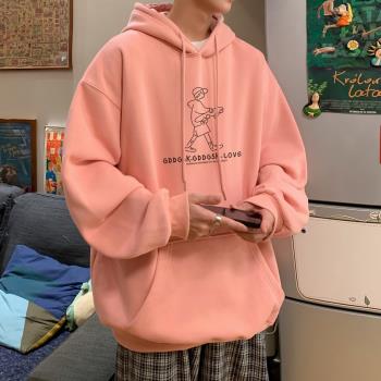 粉紅色衛衣男春秋季連帽套頭外套青少年男裝帥氣學生休閑寬松上衣