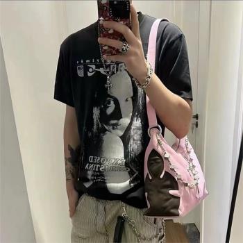 ERD憂鬱的富二代女人像重磅水洗做舊印花寬松潮流美式復古短袖男