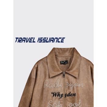 TRAVEL ISSUANCE 從不慌張 潮牌翻領字母繡花寬松休閑皮夾克外套