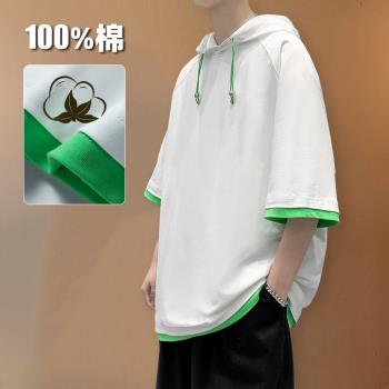 100%夏季休閑ins五分袖連帽衛衣
