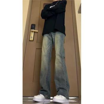 美式vibe褲子高街痞帥潮牌微喇藍色牛仔褲男款顯瘦彎刀修身直筒褲