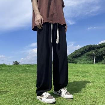 亞麻褲男夏季薄款寬松直筒褲子男士闊腿褲褶皺肌理感冰絲涼涼褲
