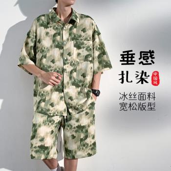 夏威夷襯衫男美式復古短袖襯衣夏季冰絲套裝休閑寬松半袖寸衫一套