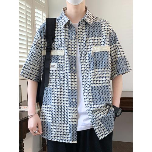 格子短袖襯衫男潮牌潮流夏季冰絲半袖襯衣男寬松休閑痞帥夏天寸衫