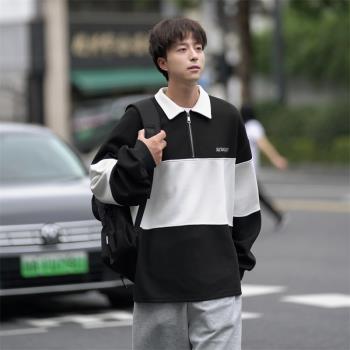 美式半拉鏈衛衣男春秋季潮牌polo衫長袖上衣2023新款男裝套頭外套