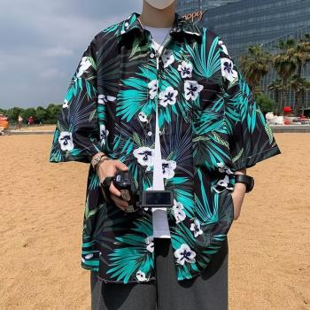 夏威夷花襯衫男短袖夏季薄款冰絲休閑襯衣戶外運動速幹沙灘上衣潮