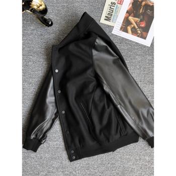 新品春秋毛呢拼接真皮潮款棒球服