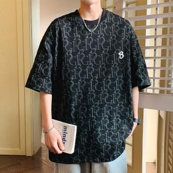 冰絲t恤男夏季薄款半袖體恤字母滿印上衣ins港風復古寬松正肩短袖