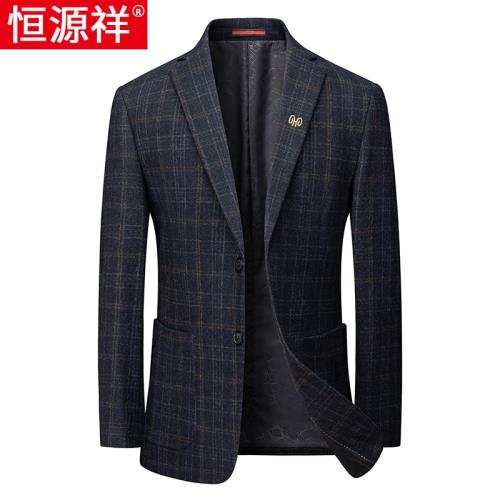恒源祥中年男士西裝商務休閑羊毛格子西服男裝中老年毛呢單西外套