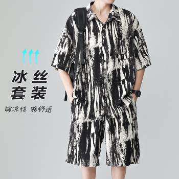 夏威夷沙灘襯衫男短袖夏季薄款冰絲套裝日系復古襯衣休閑寬松一套