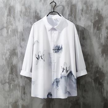 薄款冰絲短袖寬松襯衫夏季男士大碼中國風七分袖襯衣潮牌外套男裝