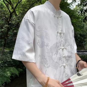冰絲短袖襯衫男夏季中國風男裝中式盤扣上衣潮牌復古唐裝半袖襯衣