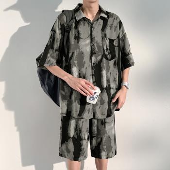 日系復古條紋襯衫男夏季薄款夏威夷冰絲短袖襯衣潮牌寬松沙灘套裝