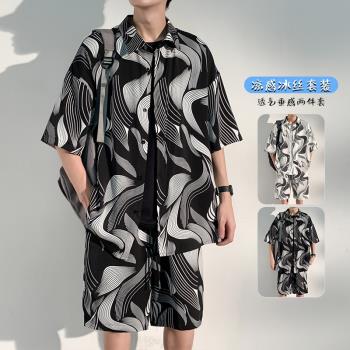冰絲套裝男夏季日系復古條紋短袖襯衫薄款寬松夏威夷沙灘襯衣一套