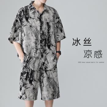美式復古花襯衫夏季冰絲套裝男薄款寬松夏威夷襯衣休閑寬松兩件套