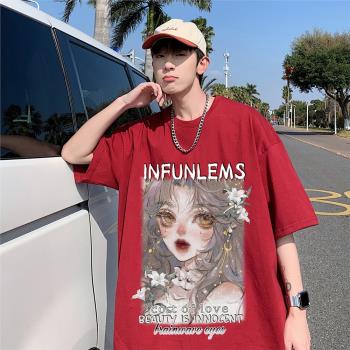 美式西海岸t恤男夏季潮牌歐美高街半袖上衣oversize小領口短袖潮