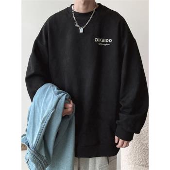 麂皮絨衛衣男春季潮流寬松套頭上衣美式復古oversize外套男裝衣服