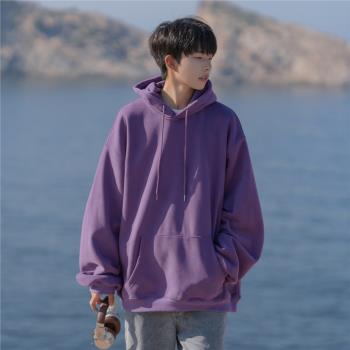 純色連帽衛衣男秋季青少年男裝日系復古cityboy外套潮流簡約上衣