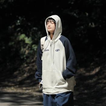 拼色開衫連帽衛衣男秋季新款日系復古cityboy外套青少年男裝上衣
