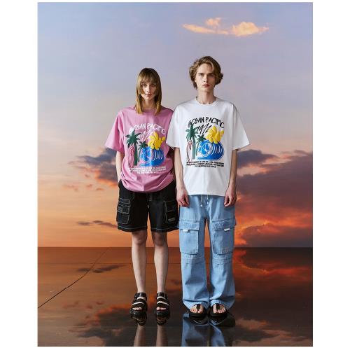 韓單 Op 陽光沙灘 椰樹 藝術 發泡 印花 男女 寬松 純棉 短袖 T恤