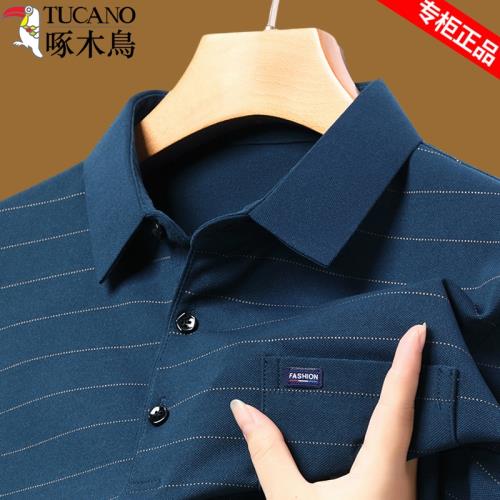 啄木鳥中年男士純棉polo衫爸爸裝翻領長袖t恤寬松條紋真口袋上衣T