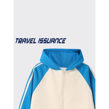 TRAVEL ISSUANCE 定格瞬間 甜酷風撞色拼接三條槓寬松連帽衛衣bf