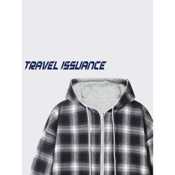 TRAVEL ISSUANCE 快樂某天 美式街頭新款雙面穿寬松格子連帽衛衣