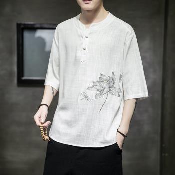 中國風刺繡男士夏裝半袖上衣亞麻