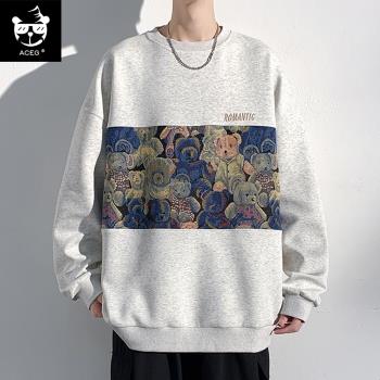 ACEG春秋季潮牌圓領衛衣男大碼寬松卡通小熊印花美式高街上衣外套