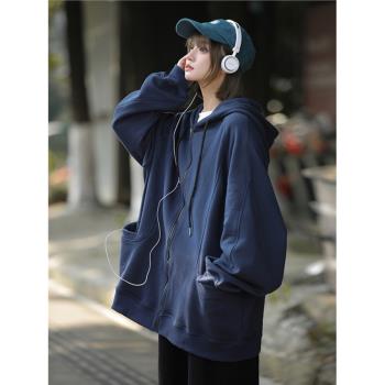 藏青色連帽衛衣男春季新款潮流重磅休閑外套日系復古cityboy上衣