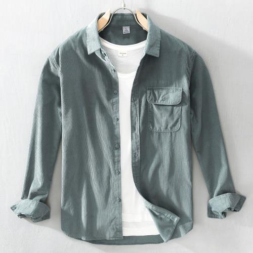 秋冬男士燈芯絨純棉長袖襯衫翻領條紋工裝襯衣日系青年休閑寸衫衣