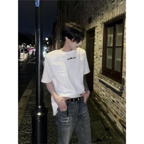 夏季韓系明星同款多層次解構墊肩短袖男士街頭寬松造型師T恤高街