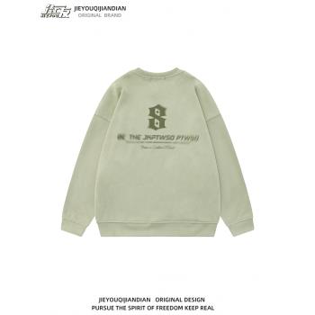 vintage復古麂皮絨無帽圓領衛衣男女潮牌寬松字母印花情侶套頭衫