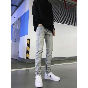 牛仔褲男士潮流修身小腳休閑彈力淺色復古嘻哈長褲子拉鏈直筒男褲