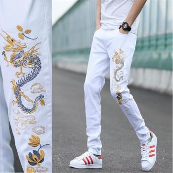 潮牌白色個性刺繡中國風牛仔褲