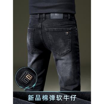 潮牌冬季水洗黑色加絨加厚牛仔褲