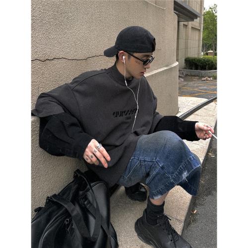 Aurocean 灰黑刺繡假兩件衛衣 420克重磅純棉半高領秋冬內搭