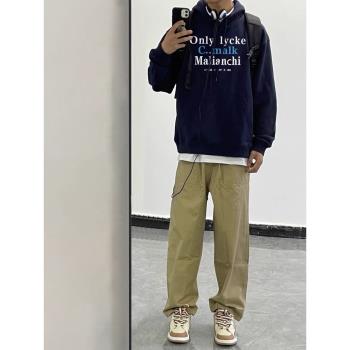 潮牌美式街頭藏青色連帽衛衣男春秋薄款hiphop設計感小眾情侶外套