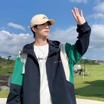 青少年外套男美式復古拼色運動夾克秋季戶外防風沖鋒衣爬山登山服