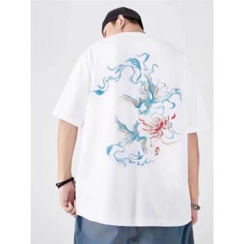 中國風重磅鳳凰刺繡T恤男潮牌大碼純棉半袖潮流夏季寬松短袖上衣